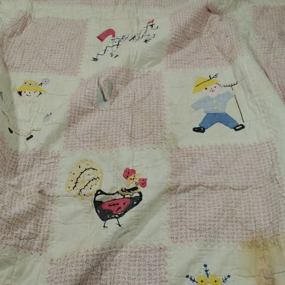 Vintage Hand Stitched Quilt Baby Blanket Farm Handmade 39